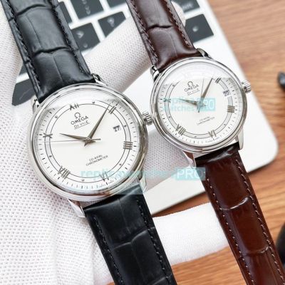 Replica Omega De Ville lovers Watch White Dial Black Leather Strap